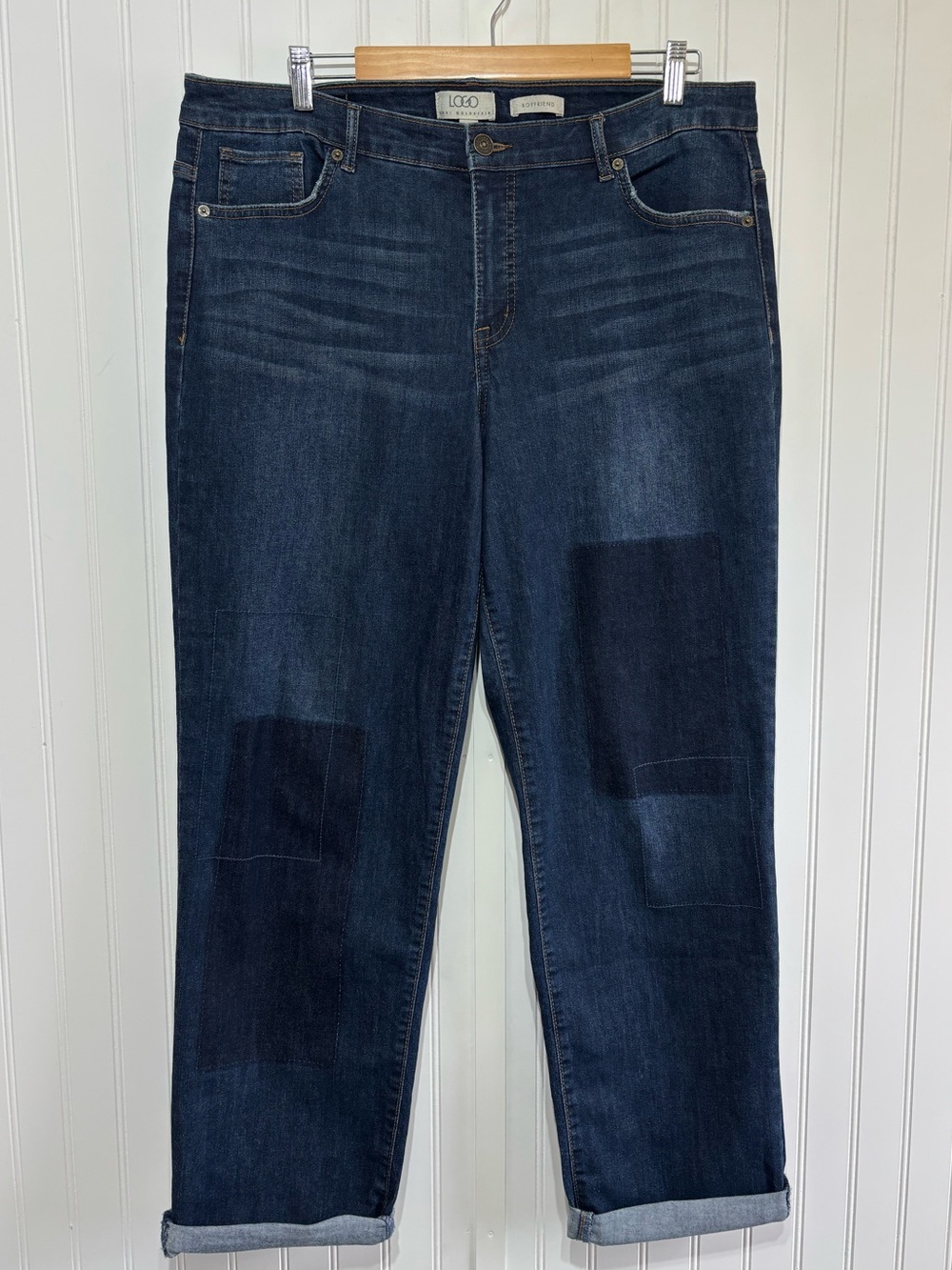 LOGO Lori Goldstein Boyfriend Jeans Dark Wash Patchwork Cuffed Size 16 Tall
